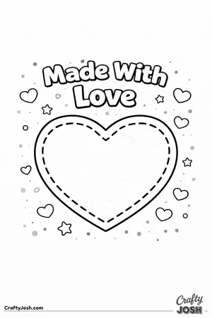 This cozy Valentine’s Day coloring page features a heart-shaped badge with stitched details and the sweet phrase “Made With Love.”