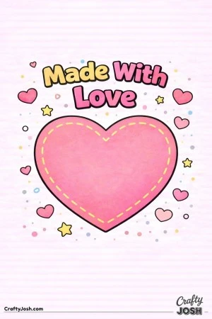 This cozy Valentine’s Day coloring page features a heart-shaped badge with stitched details and the sweet phrase “Made With Love.”