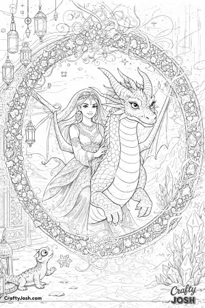 This colorful fantasy scene shows a princess and her dragon stepping through a magical mirror portal that connects two very different worlds.