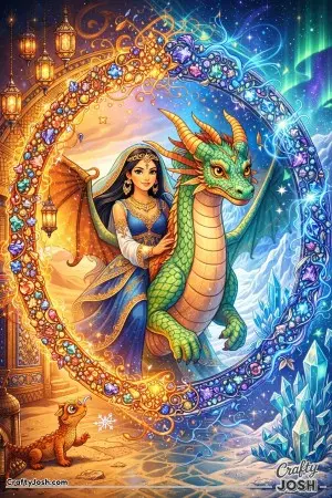 This colorful fantasy scene shows a princess and her dragon stepping through a magical mirror portal that connects two very different worlds.