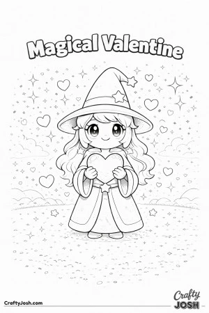This enchanting Valentine’s Day coloring page features a magical character surrounded by heart-shaped sparkles and stars, paired with the phrase ..