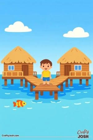 Step into a peaceful island scene where overwater huts sit above gentle waves and a smiling child enjoys the view