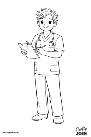 Male doctor messy hair scrubs clipboard