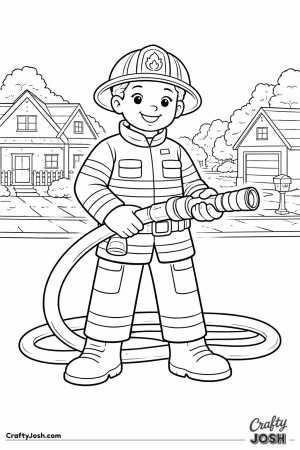 Male firefighter holding hose neighborhood coloring page