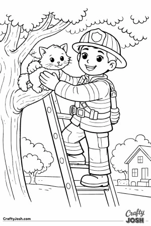 Male firefighter rescuing cat from tree