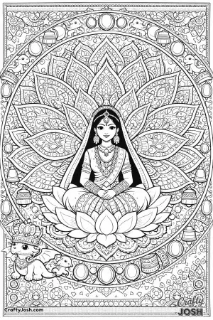 This richly detailed colored image shows a calm South Asian princess seated on a lotus throne at the center of a glowing dragon-wing mandala
