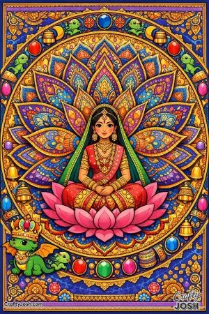 This richly detailed colored image shows a calm South Asian princess seated on a lotus throne at the center of a glowing dragon-wing mandala