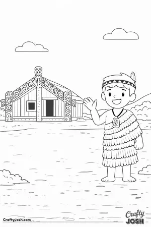 A friendly Māori guide waves hello outside a traditional village in New Zealand, with a beautifully carved hut behind them