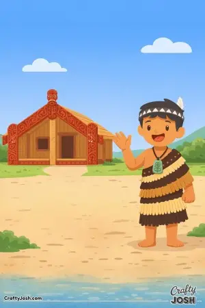 A friendly Māori guide waves hello outside a traditional village in New Zealand, with a beautifully carved hut behind them