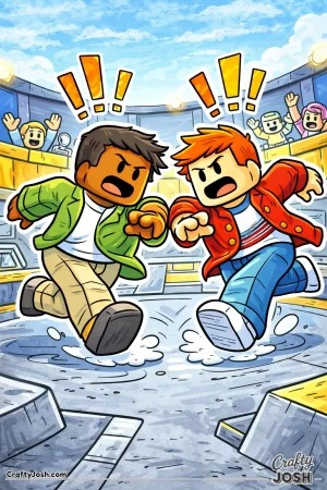 A goofy Roblox-inspired arena scene showing two avatars charging toward each other and tripping at the same time, while other avatars react in ..