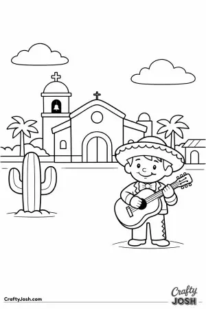 This cheerful Mexican town plaza shows a friendly mariachi playing guitar in front of a simple village church, inspired by the bright and colorful ..