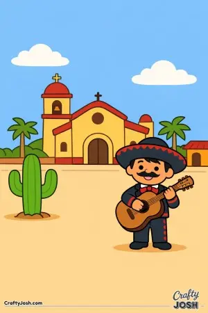 This cheerful Mexican town plaza shows a friendly mariachi playing guitar in front of a simple village church, inspired by the bright and colorful ..