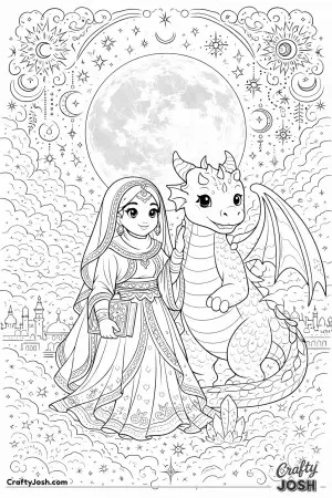 This elegant fantasy scene shows a princess standing beside her friendly dragon beneath a glowing full moon