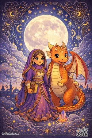 This elegant fantasy scene shows a princess standing beside her friendly dragon beneath a glowing full moon