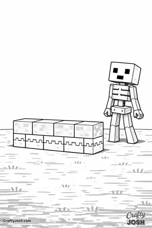 A Minecraft-style block skeleton stands beside a short block wall
