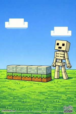 A Minecraft-style block skeleton stands beside a short block wall