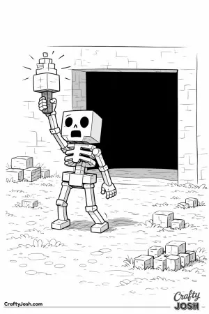 A blocky skeleton lights the way with a bright cube torch as it pauses in front of a dark, clean-edged cave opening