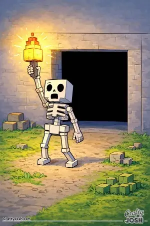 A blocky skeleton lights the way with a bright cube torch as it pauses in front of a dark, clean-edged cave opening