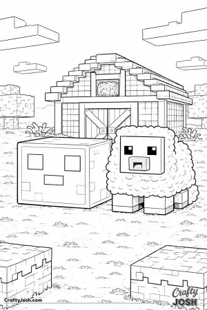 A block slime sits beside a block sheep in front of a tiny block barn with a square door and simple roof