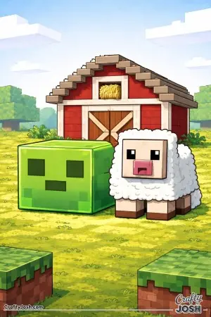 A block slime sits beside a block sheep in front of a tiny block barn with a square door and simple roof