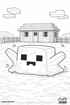 A Minecraft-style slime splats onto the ground in front of a block farmhouse, spreading outward as it lands under a wide open sky