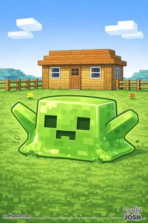 A Minecraft-style slime splats onto the ground in front of a block farmhouse, spreading outward as it lands under a wide open sky