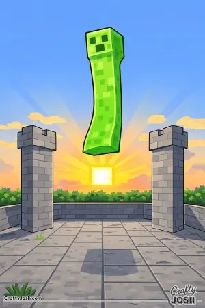 A block slime stretches tall as it bounces mid-air between two narrow stone towers above a flat courtyard