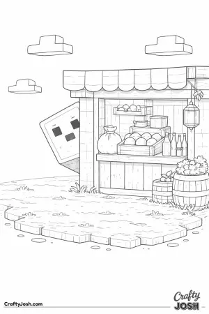 A curious block slime hides halfway behind a market stall as block clouds float across the sky above