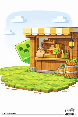 A curious block slime hides halfway behind a market stall as block clouds float across the sky above