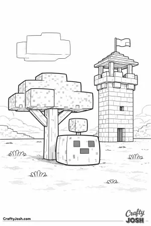 A block slime sits beneath a blocky tree while balancing a single cube-shaped leaf on its head, with a small watchtower nearby