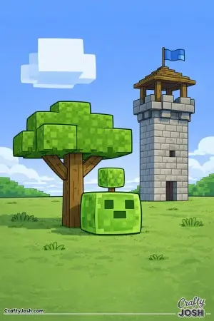 A block slime sits beneath a blocky tree while balancing a single cube-shaped leaf on its head, with a small watchtower nearby