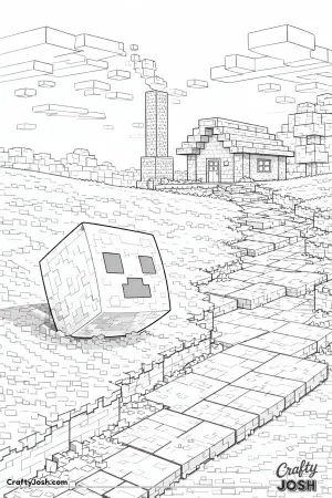 This scene shows a Minecraft-style slime resting on a hill while watching a simple block village in the distance