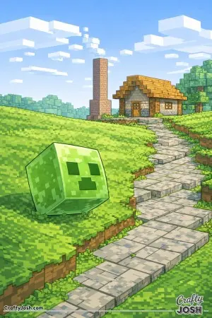 A block slime rolls down a grassy slope toward a stone path that leads to a small village house with a tall chimney in the background