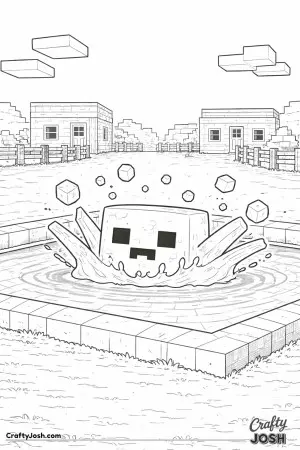 A block slime splashes into a square pond in the center of a simple town square, with cube-shaped water droplets popping upward and small block ..