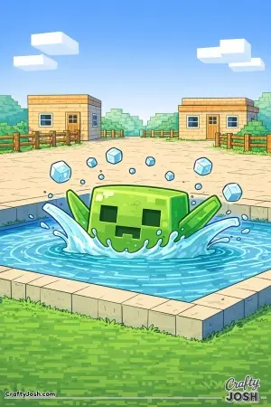 A block slime splashes into a square pond in the center of a simple town square, with cube-shaped water droplets popping upward and small block ..