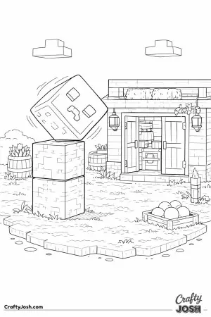 A Minecraft-style slime leans unsteadily on stacked blocks next to a busy storage shed surrounded by barrels, crates, and slime balls