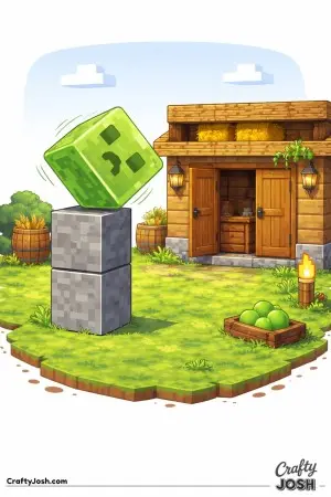 A Minecraft-style slime leans unsteadily on stacked blocks next to a busy storage shed surrounded by barrels, crates, and slime balls