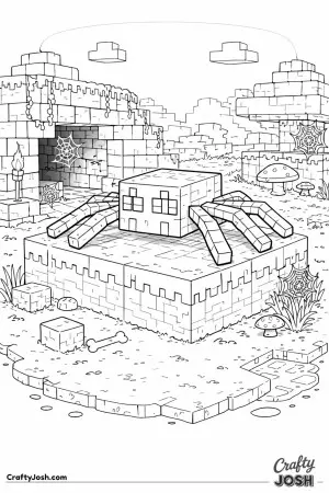 A block spider carefully balances on a low square platform while its eight legs stretch evenly around the edges, surrounded by simple Minecraft-style ..