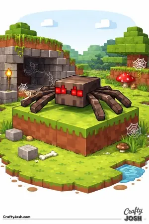 A block spider carefully balances on a low square platform while its eight legs stretch evenly around the edges, surrounded by simple Minecraft-style ..