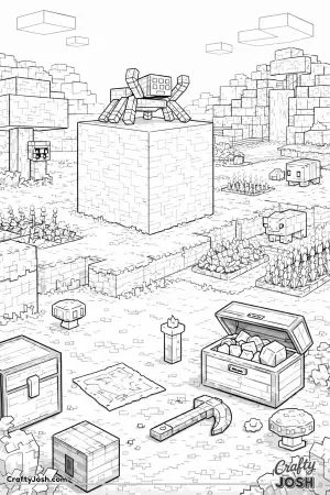 This image shows a Minecraft-inspired spider acting like a lookout while perched on a tall block above a flat block world