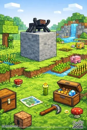 This image shows a Minecraft-inspired spider acting like a lookout while perched on a tall block above a flat block world