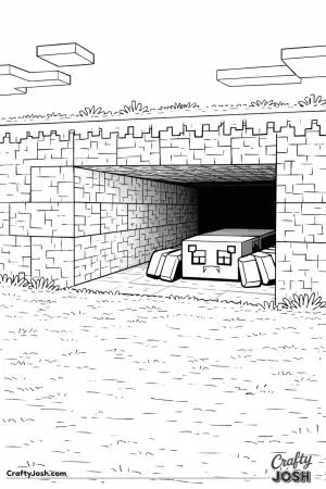 A Minecraft-style spider hides at the entrance of a square cave, carefully peering out into the open