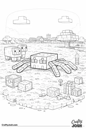 A Minecraft-style spider relaxes on flat grass as two sheep watch quietly, with a block tree, cubes, and familiar Minecraft items in the background