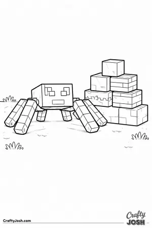 A block spider stands in front of a neatly stacked pile of Minecraft-style cubes