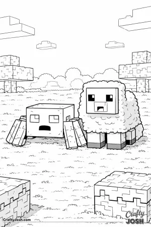 A block spider sits beside a block sheep, both facing forward as if posing together on a flat grass block field