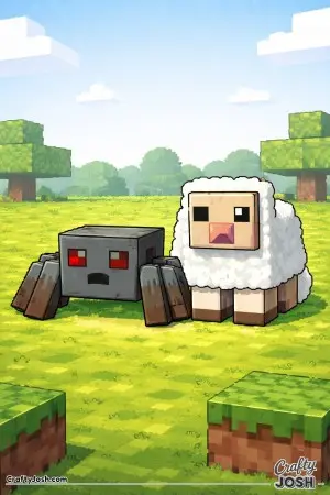 A block spider sits beside a block sheep, both facing forward as if posing together on a flat grass block field