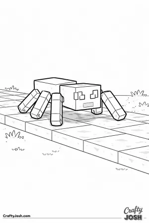 The scene shows a Minecraft-style block spider moving cautiously along large square stone blocks in a flat path
