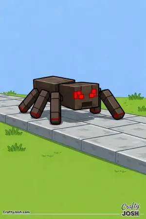 The scene shows a Minecraft-style block spider moving cautiously along large square stone blocks in a flat path