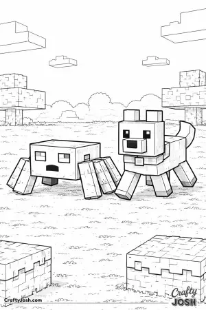 A block spider and a block dog walk side by side across a flat grass block field, both frozen mid-step as if heading somewhere important together