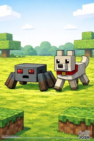 A block spider and a block dog walk side by side across a flat grass block field, both frozen mid-step as if heading somewhere important together